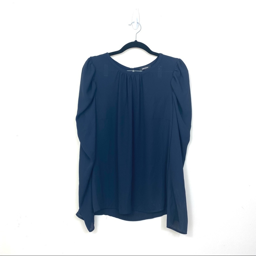 DKNY Blue Puffer Sleeve Blouse Size Large